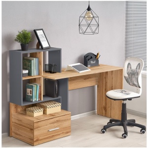 Set birou cu spatii depozitare HM Grosso, rafturi, sertar, PAL melaminat, 149x50x105 cm, stejar auriu antracit si scaun copii HM Rico, ergonomic, stofa tip catifea, 100 kg, gri - Img 2
