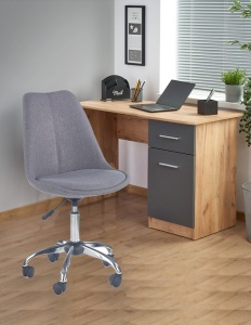 Set birou cu usa si sertar HM Elmo, Pal melaminat, 120x55x78 cm, stejar antracit si scaun copii HM Coco 4, Ergonomic, Stofa, Inaltime ajustabila, 80 kg, Gri deschis