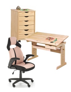 Set birou ergonomic HM Julia inaltime reglabila, unghi inclinare ajustabil, cu scaun HM Bloom roz negru, stofa mesh, 100 kg si dulapior rulant HM Nils, cu roti, lemn, natur
