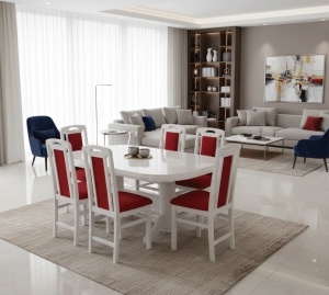 Set masa living extensibila SB Nork, MDF Furniruit, structura lemn masiv, 8 persoane, 198-160x90x74 cm si 6 scaune, tapiterie stofa, lacuit, 120 kg, alb rosu