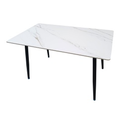 Set masa living Lineo FDT1, blat ceramica, structura metalica, 140x80x75 cm, alb maro si 6 scaune Rizea FDC4, tapiterie catifea, 90 kg, bej - Img 3
