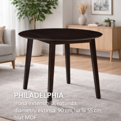 Set masa living plianta Philadelphia, MDF, lemn masiv, rotunda, 55 90 x 90 x 74,8 cm si 4 scaune Vienna, tapiterie stofa, 94x49x40 cm, nuc - Img 2