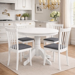 Set masa living rotunda Montreal, lemn masiv, MDF, 90x73.8 cm si 4 scaune Houston, stofa,100 kg, 94x49x40 cm, alb gri