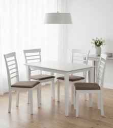 Set masa living si bucatarie Bali, MDF, 112x72x74 cm si 4 scaune Montreal, lemn masiv, tapiterie stofa, 100 kg, alb