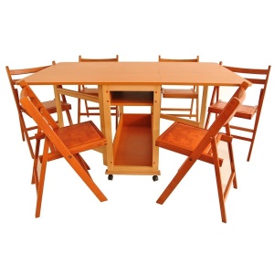 Set masa plianta cu spatiu depozitare Util, pentru living si bucatarie, PAL, structura lemn masiv, cu role, 160x96x80 cm si 6 scaune pliante, tapitate, piele ecologica, cires - Img 2