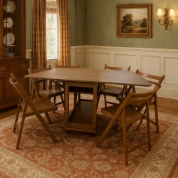 Set masa plianta cu spatiu depozitare Util, pentru living si bucatarie, PAL, structura lemn masiv, cu role, 160x96x80 cm si 6 scaune pliante, tapitate, piele ecologica, nuc