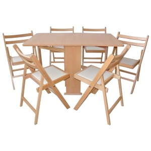 Set masa plianta Practic, bucatarie si living, Pal Melaminat, insertii lemn masiv, colturi rotunjite, 120x74x75 cm si 6 scaune pliante, tapitate, piele ecologica, fag - Img 2
