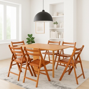Set masa plianta Practic, bucatarie si living, Pal Melaminat, insertii lemn masiv, colturi rotunjite, 120x74x75 cm si 6 scaune pliante, tapitate, piele ecologica, cires