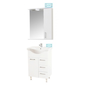 Set mobilier baie cu lavoar ceramic GN1531, front MDF, 55 cm, 2 usi, 2 sertare, picioare cromate reglabile, balamale soft close si oglinda cu dulap GN0201, dreptunghiulara, PAL, iluminare led, alb