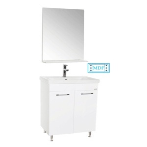 Set mobilier baie GN0541, front MDF, cu lavoar ceramic, 60 cm, 2 usi, 2 rafturi, picioare cromate reglabile, balamale soft close si oglinda cu polita GN0671, dreptunghiulara, PAL, ALB - Img 2