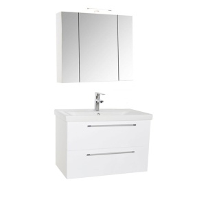 Set mobilier baie suspendat, cu lavoar ceramic, GN0541, front MDF, 80 cm, 2 sertare, glisiere soft close si dulap cu oglinda Celine, PAL, iluminare led, alb