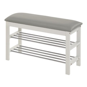 Suport pentru pantofi HM ST11, cu bancheta, lemn masiv, piele ecologica, 2 rafturi metalice, capacitate 8 perechi, alb - Img 1