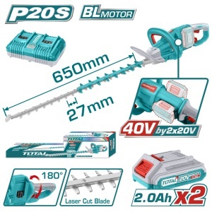 TOTAL - TRIMMER PENTRU TUNS GARD VIU - LI-ION - 40V (INCLUDE ACUMULATOR SI INCARCATOR)