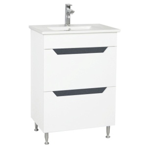 Baza si lavoar ceramic GN0561, mobilier baie stativ 60 cm, dreptunghiular, front MDF, 2 sertare, glisiere soft close, picioare cromate reglabile, alb antracit
