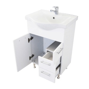 Baza si lavoar ceramic GN1531, mobilier baie stativ 55 cm, front MDF, 2 usi, 2 sertare, balamale soft close, picioare cromate reglabile, alb - Img 2