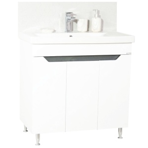 Baza si lavoar ceramic GN7561, mobilier baie stativ 80 cm, circular, front MDF, 3 usi, 2 rafturi, picioare cromate reglabile, alb antracit