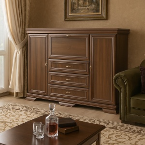 Comoda living VM6P, o usa rabatabila pentru bar, 2 usi fixe, 3 sertare, Pal melaminat, cu insertii MDF, Nuc