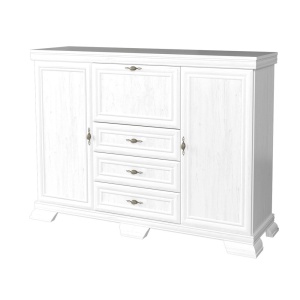 Comoda living VM6P, o usa rabatabila pentru bar, 2 usi fixe, 3 sertare, Pal melaminat, cu insertii MDF, Alb Antichizat - Img 2
