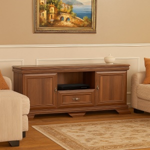 Comoda living VMT2, Pal Melaminat, cu 2 usi, sertar, cu elemente din MDF, Nuc