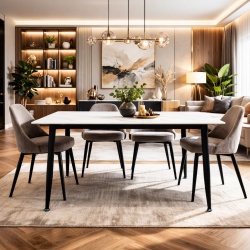 Masa living si bucatarie Lineo FDT1, blat ceramica, cadru metalic, 6 persoane, 140x80x75 cm, alb gri - Img 3