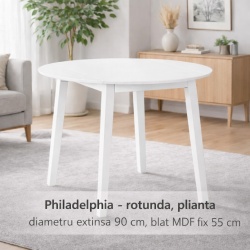 Masa living si bucatarie plianta Philadelphia, MDF, structura lemn masiv, rotunda, 4 persoane, 55 90 x 90 x 74,8 cm, alb - Img 2