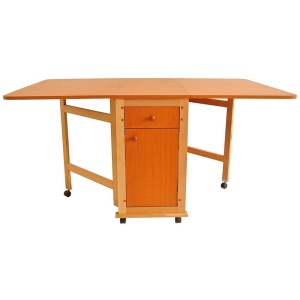 Masa plianta cu spatiu depozitare, usa si sertar, Pal Melaminat, structura lemn masiv, cu role, 8 persoane, 160x96x80 cm, cires - Img 2