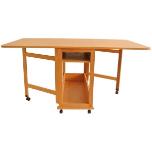 Masa plianta cu spatiu depozitare Util, pentru living si bucatarie, PAL, structura lemn masiv, cu role, 6 persoane, 160x96x80 cm, fag - Img 2