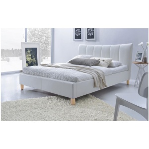 Pat dublu HM Sandy, tapitat cu piele ecologica, somiera inclusa, structura lemn masiv, 160x200 alb