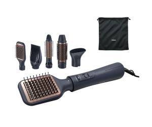 Perie cu aer cald Philips Seria 5000 BHA530/00, 1000W, tehnologie de distributie uniforma a caldurii, de 4 ori mai multi ioni, 5 accesorii, diametru perie 38mm, setare temperatura de ingrijire si aer rece, accesoriu de volum, infuzata cu ulei de argan