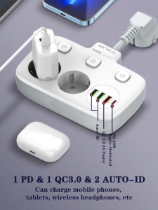 Prelungitor tip priza cu protectie Serioux Quick Charge 3.0, parametri nominali: 2500W-10A(Max) 250V, Intrare: AC100-250V 10A 50/60HZ , Ieșire PD: 5V=3A 9V=2.22A 12V=1.67A 20W (MAX), Ieșire QC: 5V-3A 9V=2A 12V=1.5A 18W (MAX) , Ieșire Auto-ID: 5V-2.4A - Img 5