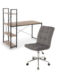 Set birou cu rafturi HM Narvik B1, cadru metalic, PAL melaminat, 120x64x120 cm, stejar sonoma negru si scaun stofa tip catifea SL Q020, inaltime reglabila, cadru cromat, 90 kg, Gri
