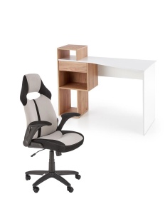 Set birou HM Conti, rafturi, sertar, PAL melaminat, 122x57x90 cm, stejar alb si scaun copii HM Bloom, stofa mesh, mecanism de balans, cotiere rabatabile, Gri Negru