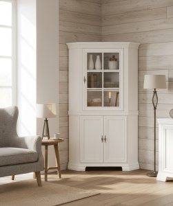 Set comoda pe colt pentru living VMN1, cu o usa, o polita si vitrina suprapozabila VMNN1, o usa, 2 polite, Pal Melaminat, cu elemente din MDF, Alb Antichizat