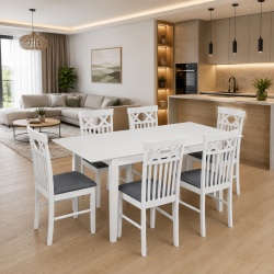 Set masa living extensibila Miami, MDF, lemn masiv, 120 150 x 80 x 73.8 cm si 6 scaune Rebecca, stofa,100 kg, 94x49x43.5 cm, alb gri