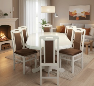 Set masa living extensibila SB Nork, MDF Furniruit, structura lemn masiv, 8 persoane, 198-160x90x74 cm si 6 scaune, tapiterie stofa, lacuit, 120 kg, alb maro