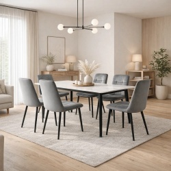 Set masa living Lineo FDT1 blat ceramica structura metalica 140x80x75 cm alb/gri si 6 scaune Rizea FDC4 tapiterie catifea 90 kg, gri