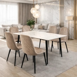 Set masa living Lineo FDT1 blat ceramica structura metalica 140x80x75 cm alb/maro si 6 scaune Doina FDC2 tapiterie catifea 90 kg, bej