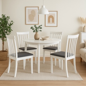 Set masa living si bucatarie Sophia, MDF, rotunda, 90x74 cm si 4 scaune Houston, lemn masiv, tapiterie stofa, 100 kg, alb