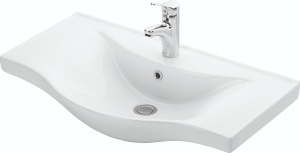 Set mobilier baie cu lavoar GN1531, front MDF cu lavoar ceramic, 80 cm, 3 usi, picioare reglabile cromate, balamale soft close si dulap cu oglinda Celine, PAL, iluminare led, alb - Img 2