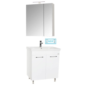 Set mobilier baie GN0541, front MDF, cu lavoar ceramic, 60 cm, 2 usi, 2 rafturi, picioare cromate reglabile, balamale soft close si dulap cu oglinda Celine, PAL, iluminare led, alb