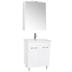 Set mobilier baie GN0541, front MDF, cu lavoar ceramic, 60 cm, 2 usi, 2 rafturi, picioare cromate reglabile, balamale soft close si dulap cu oglinda GN5011, MDF, iluminare led, alb - Img 2