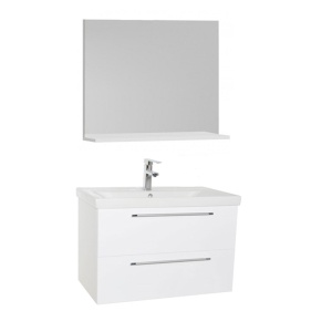 Set mobilier baie suspendat, cu lavoar ceramic, GN0541, front MDF, 80 cm, 2 sertare, glisiere soft close si oglinda cu polita GN0551, PAL, alb