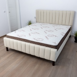 Set pat dublu Erzon, elemente lemn masiv, tapitat cu stofa, cu somiera, crem si saltea ortopedica Optima Bamboo, margine antilasare, banda aerisire, 140x200 cm - Img 2