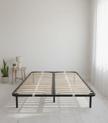 Somiera metalica fixa pentru pat dublu 160x190, 6 picioare, 30 lamele lemn fag, benzi textile, suport saltea ferm, negru