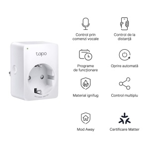 TP-LINK TAPO P100M Mini priză Wi-Fi smart, compatibilă cu Matter, WIFI Protocol: IEEE 802.11b/g/n, Bluetooth, 2.4Ghz, Dimensiuni: 72 × 51 × 40 mm, Cerinte de alimentare: 100-240V~, Incarcare maxima: 2,300W, 10A. - Img 4
