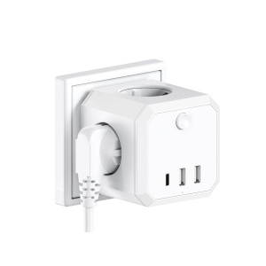 Adaptor priza alb tip cub cu 4 prize shucko 16A, 2xUSB si 1xType C – Solutia ideala pentru incarcare eficienta