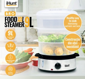 Aparat de gatit cu aburi, 9 litri, 3 compartimente gatire, timer, Bro Food Steamer XXL, iHunt - Img 3