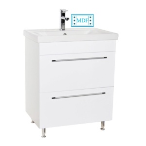 Baza si lavoar ceramic GN0541, mobilier baie stativ 60 cm, front MDF, 2 sertare, picioare cromate reglabile, alb