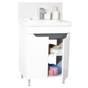 Baza si lavoar ceramic GN7561, mobilier baie stativ 60 cm, front MDF, 2 usi, 1 raft, picioare cromate reglabile, alb antracit - Img 2