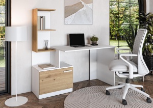 Birou cu spatii depozitare HM Miso, blat PAL, cu rafturi, organizator, design modern, alb stejar artizanal - Img 1